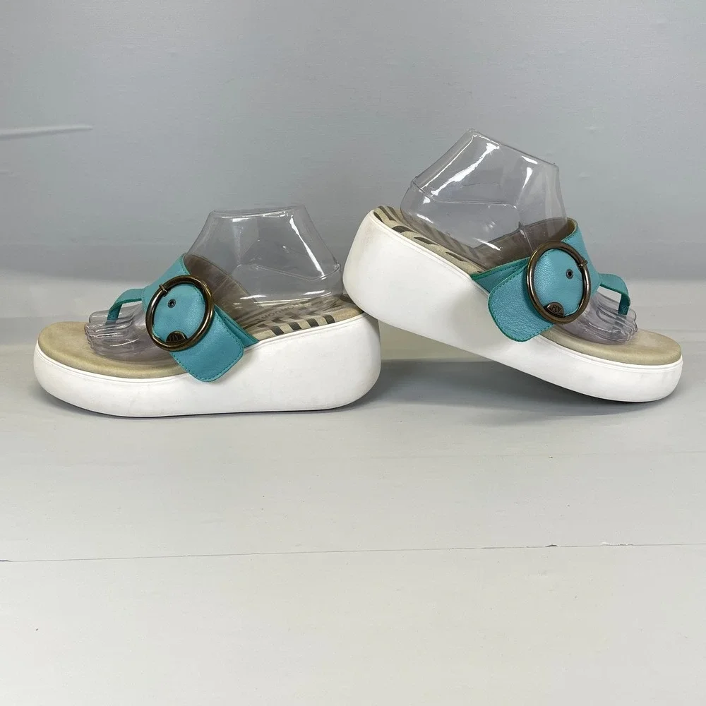 Fly London Dafi Wedge Sandals Womens Size 41 US 10 Blue Leather Buckle Shoes